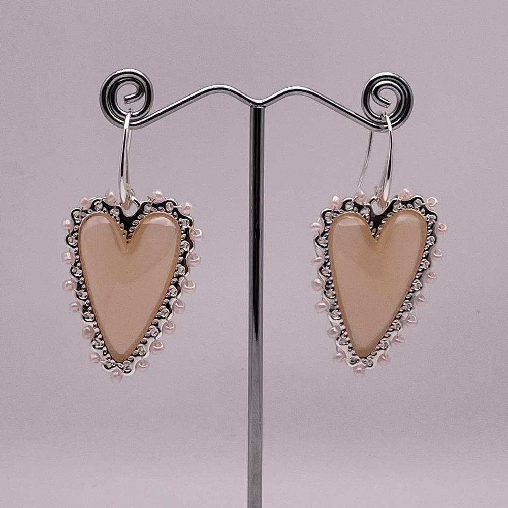 Fashion Silver-Tone Heart-Shaped Beige Earrings with Pink Accents. Silver-Tone